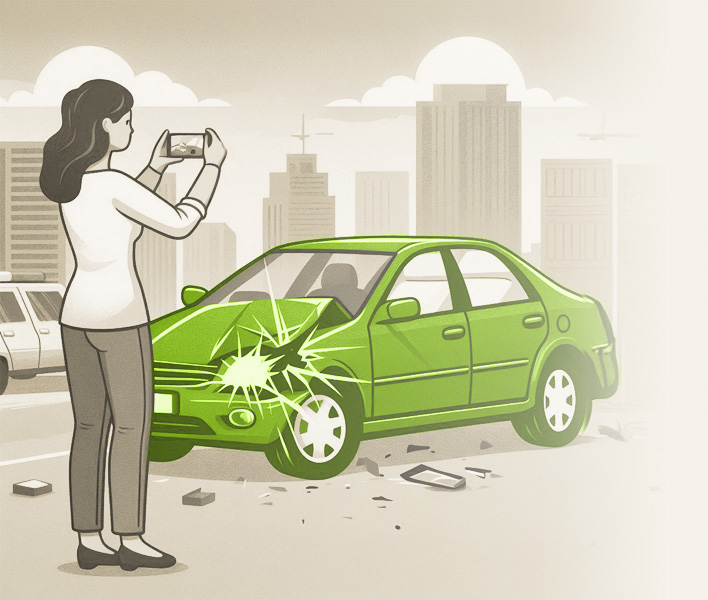 Woman taking a photo of a crashed car.