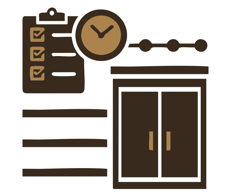 Icon of a clock, checklist, and cabinets.